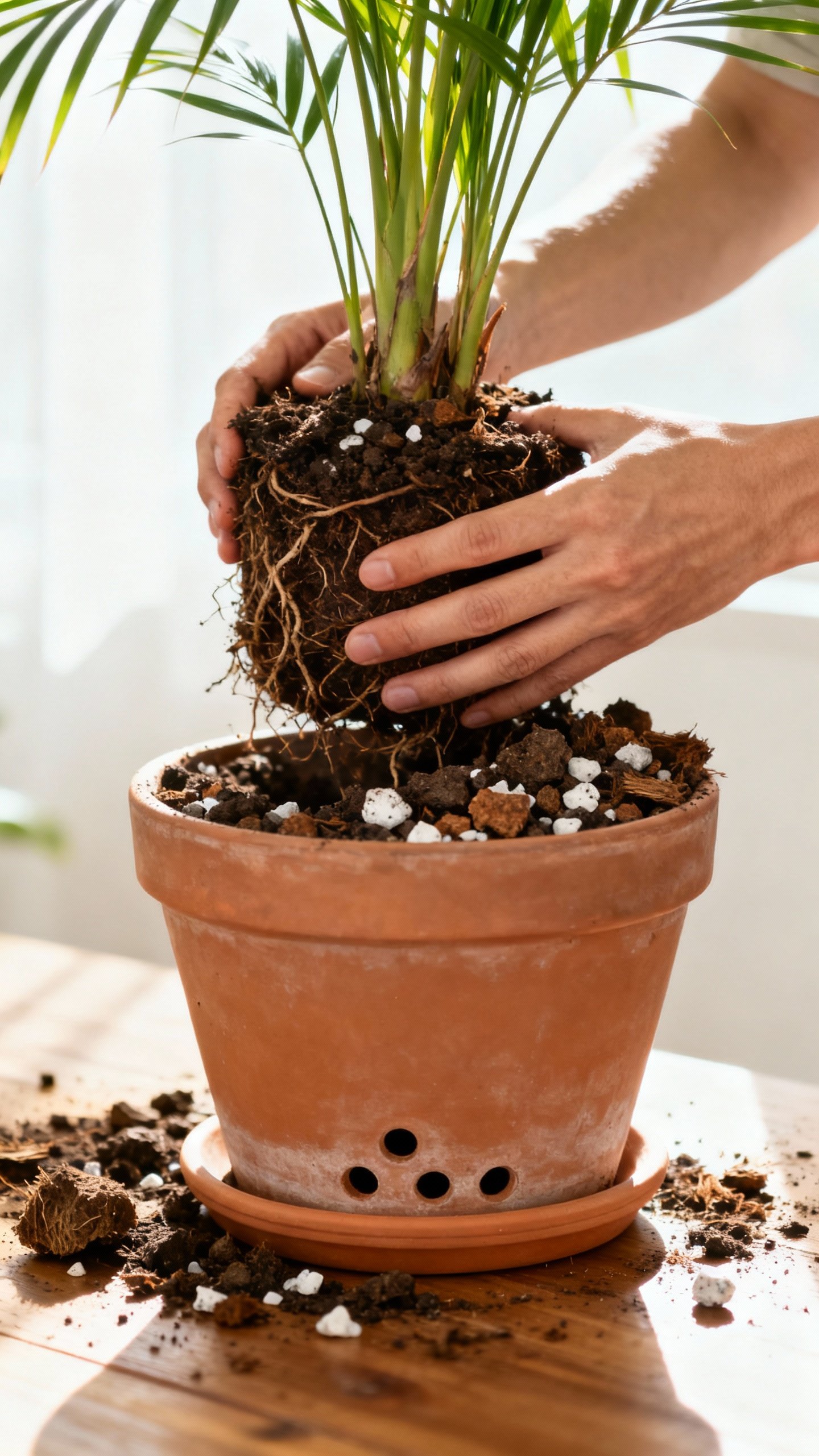 Amazing Areca Palm Care Tips That Quickly Boost Tropical Vibes Hands repotting Areca palm, chunky soil mix with perlite and coco coir, visible drainage holes, cera