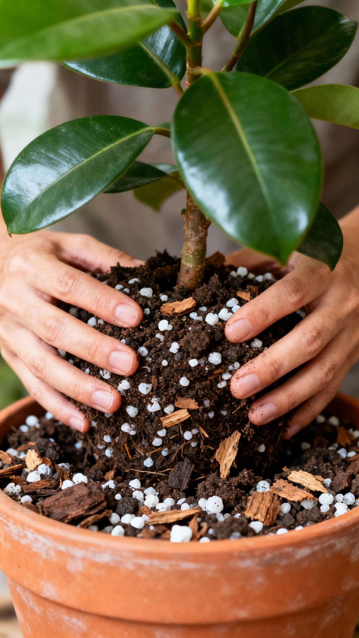 Must-try Ficus Altissima Care Tips For Towering Indoor Beauty Hands repotting Ficus altissima into chunky mix, perlite and bark visible