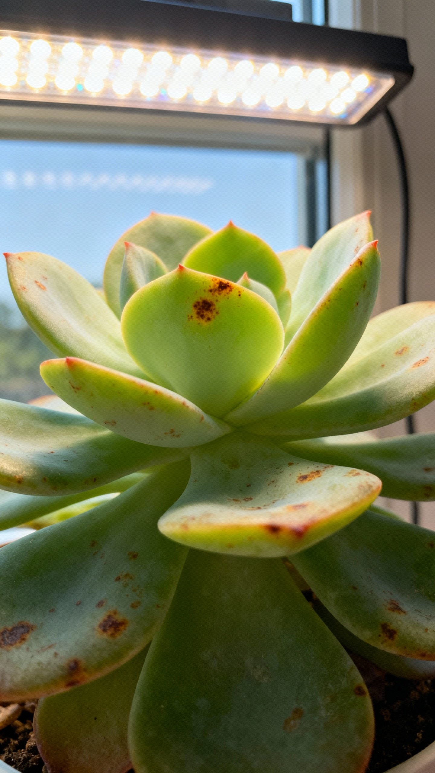 Amazing Succulent Care Tips That Keep Them Thriving Indoors Macro of Echeveria under LED grow light, 8–12 inches above, bright window background, plump leaves