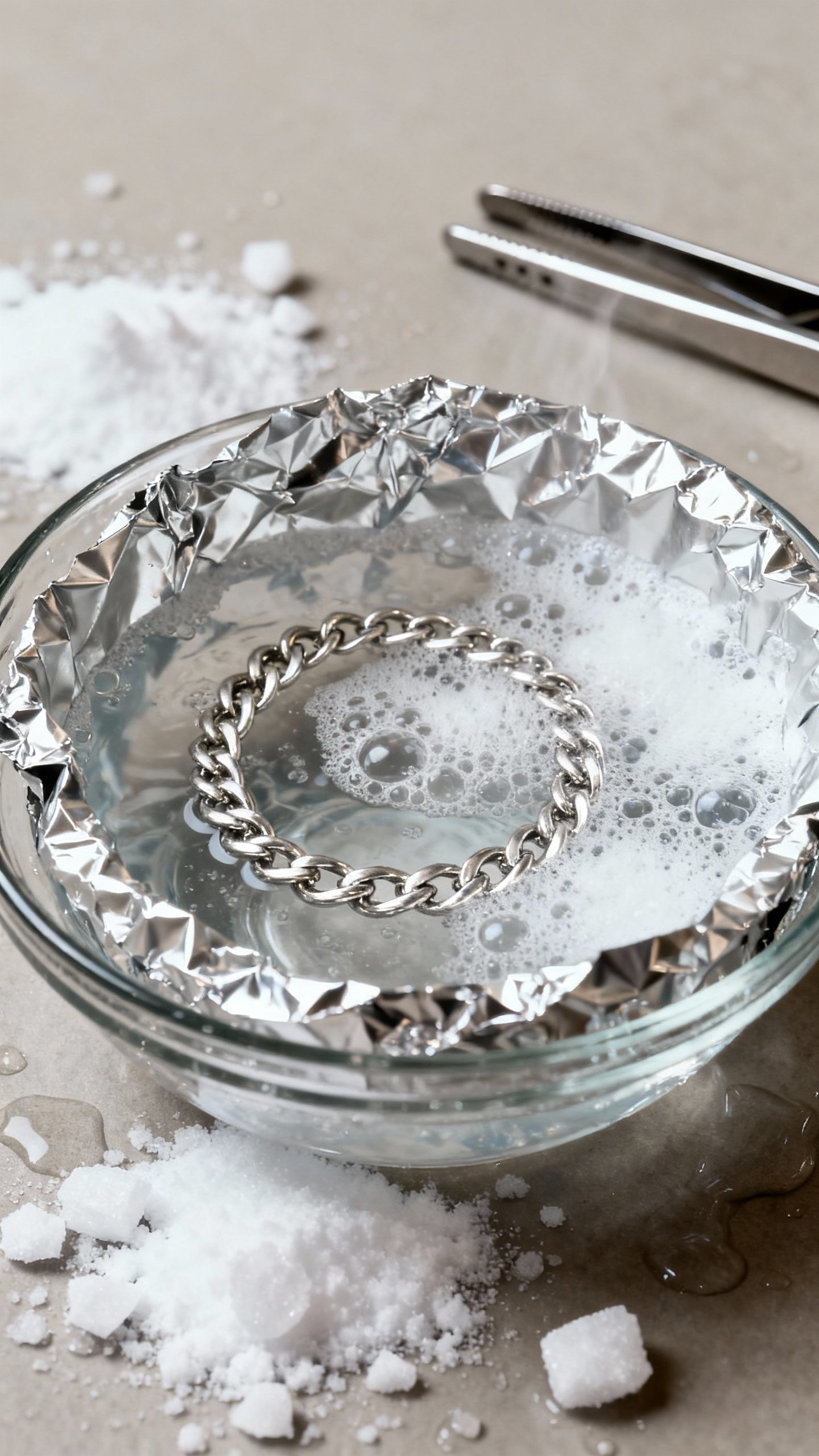 Macro shot silver necklace in foil-lined glass bowl, hot water fizzing, baking soda crystals, tongs 