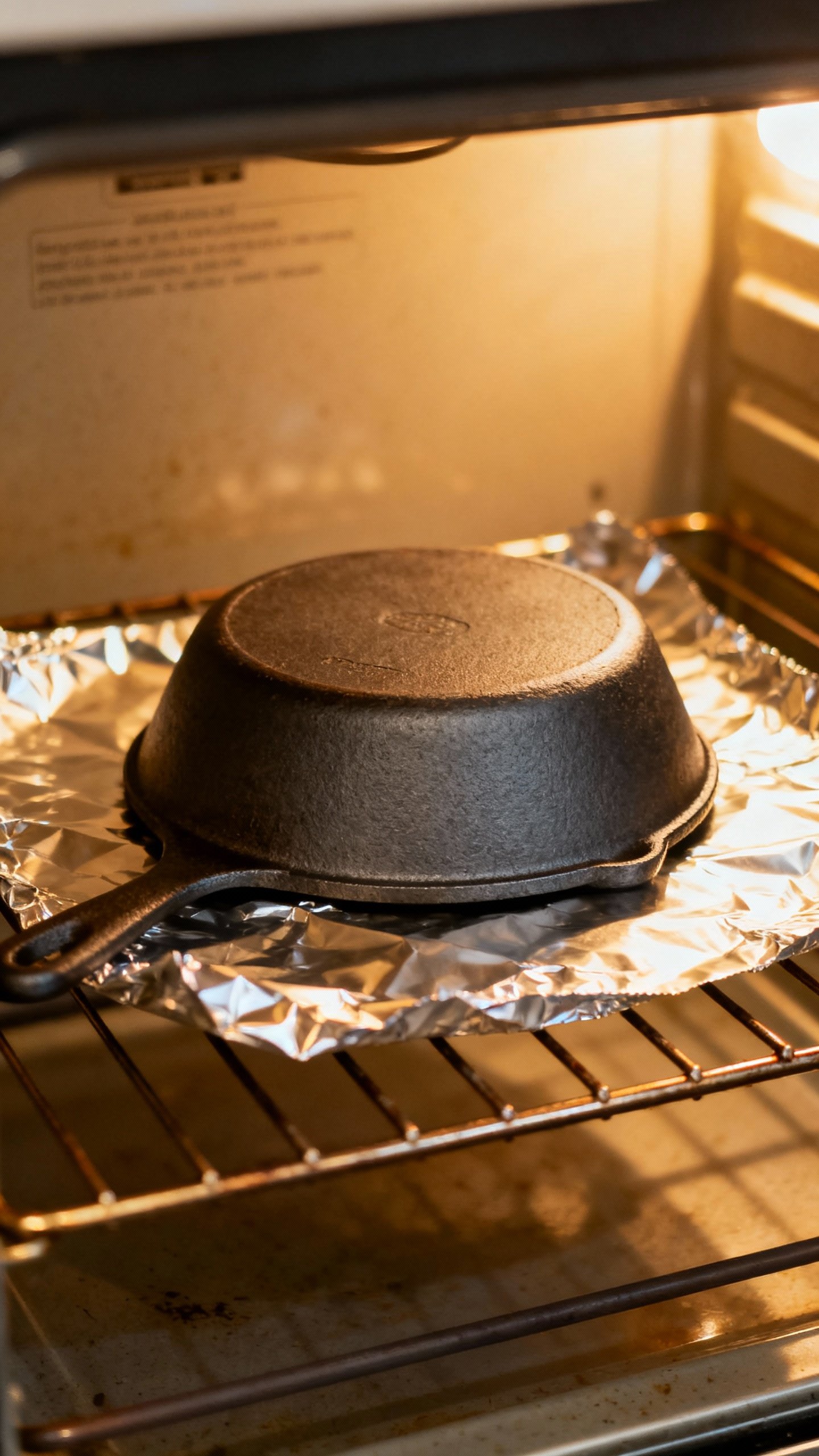 How To Remove Rust From Cast Iron And Restore Its Shine Oven interior with upside-down cast iron skillet baking on foil