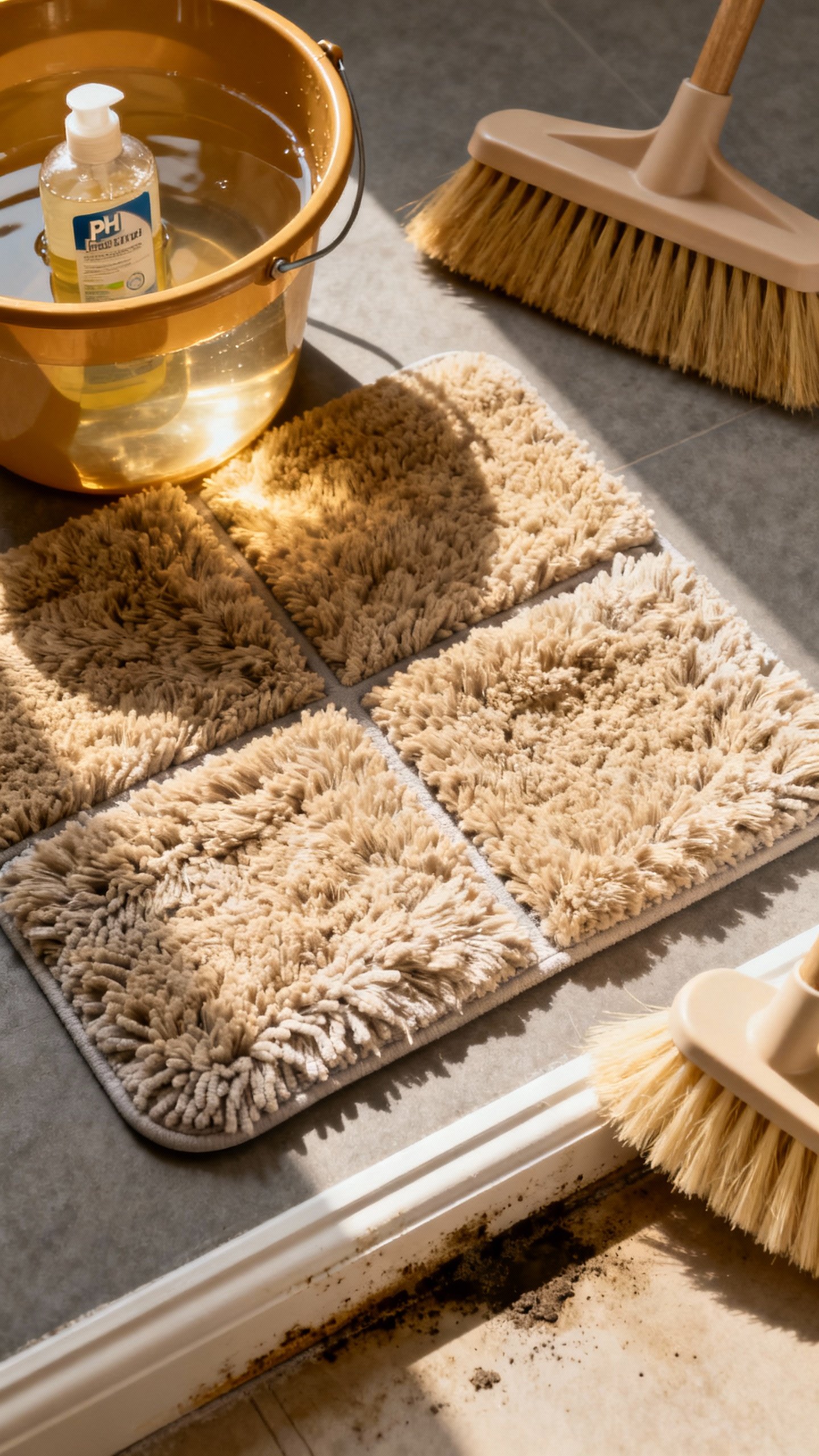 Overhead closeup of microfiber mop in 3x3 section, warm water bucket with pH-neutral cleaner, soft-b