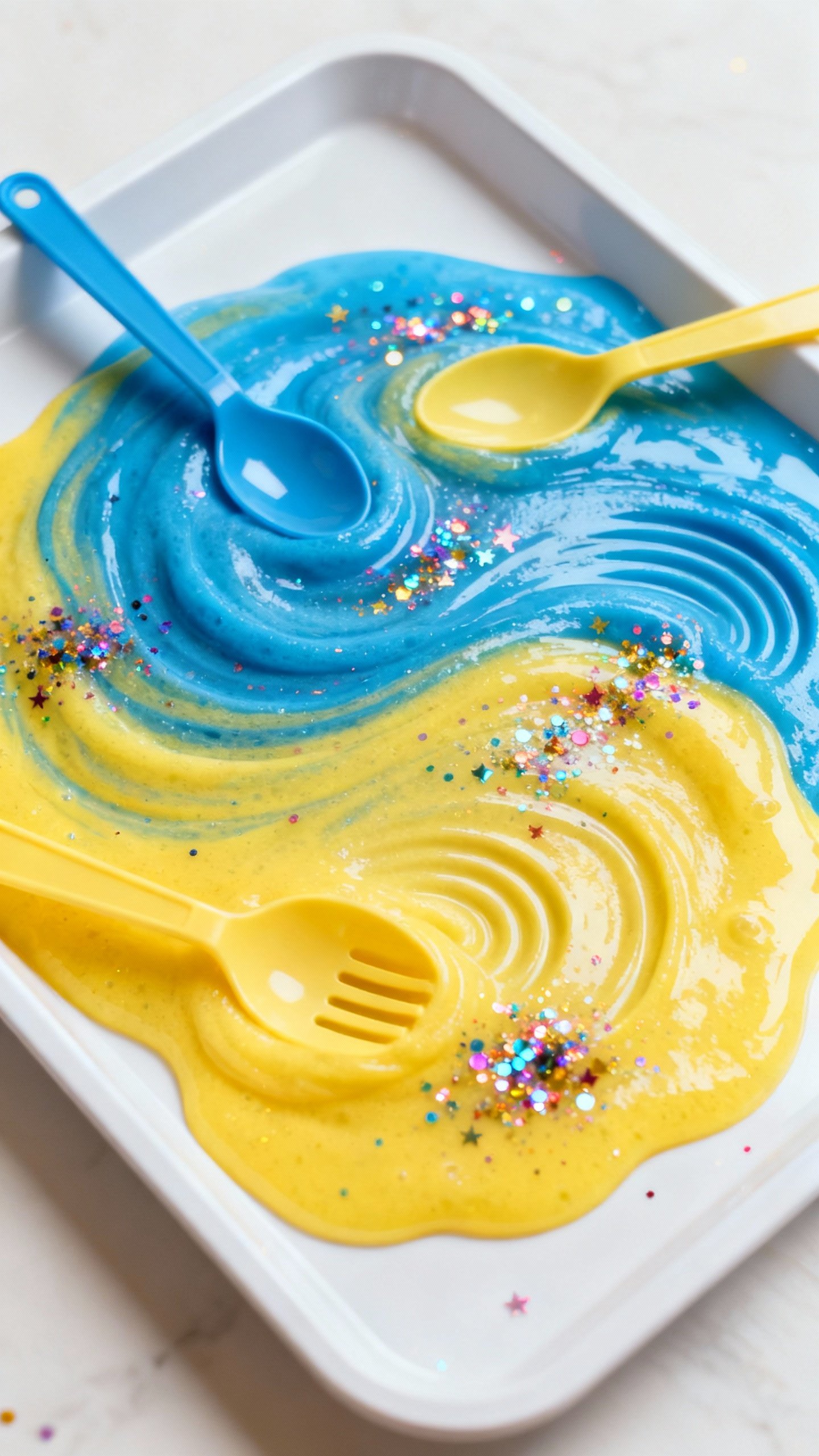 Oobleck Recipe: The Easiest Way To Make This Fun Non-Newtonian Goo Overhead shot of tray with two-color oobleck swirls, edible glitter sparkle, plastic spoon impressio