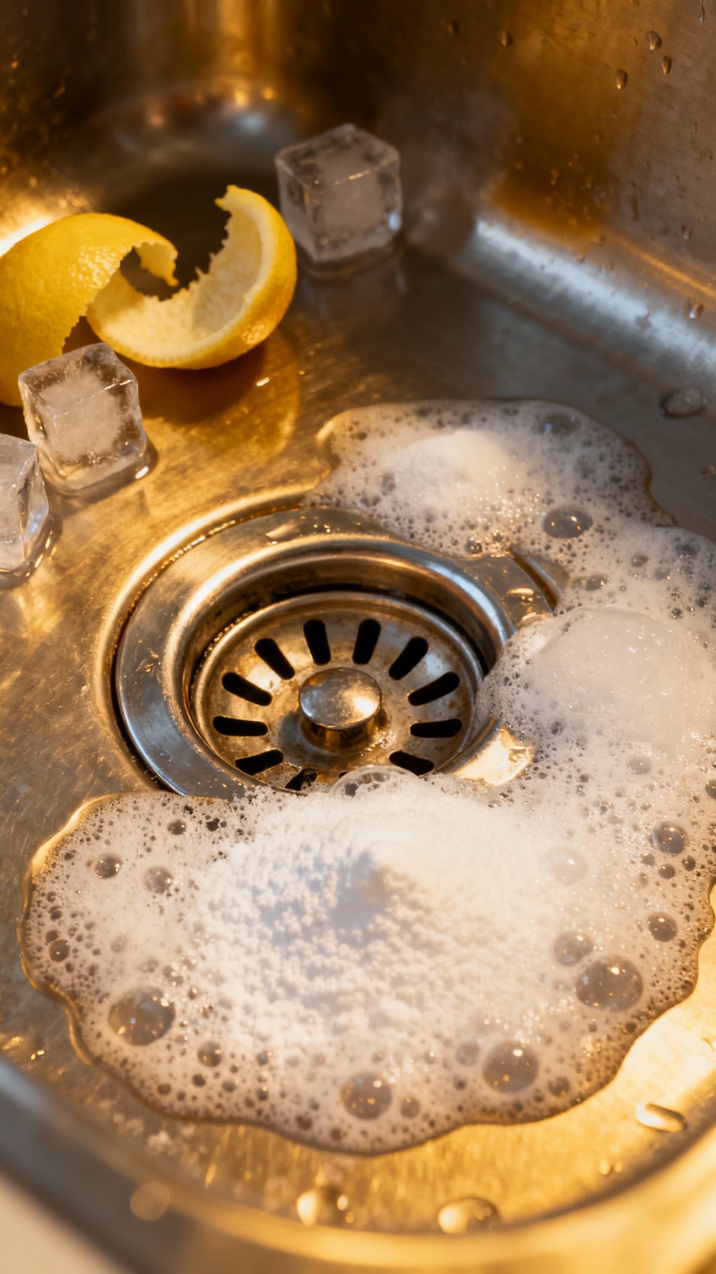 How To Get Rid Of Fruit Flies Fast With Simple Home Ingredients! Sink drain deep-clean scene, baking soda and white vinegar fizzing foam, metal drain and disposal ri