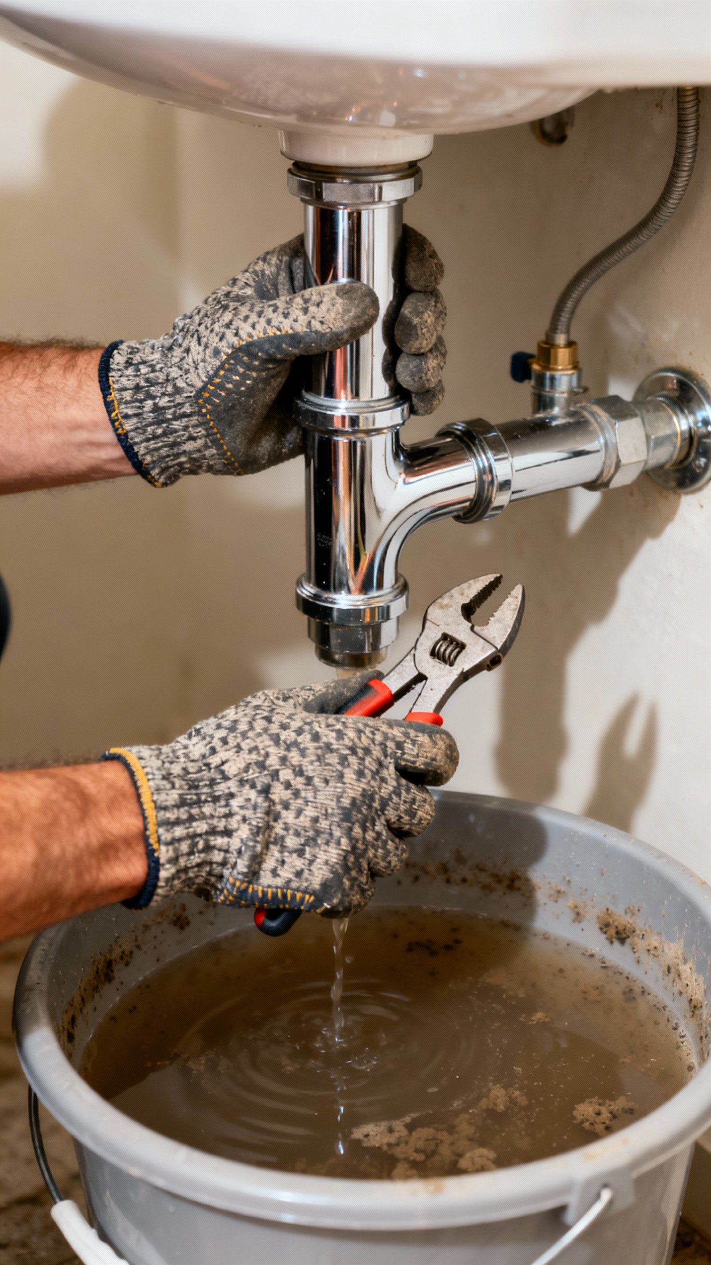 How To Unclog A Sink Fast — No Plumber Needed! Under-sink P-trap removal scene, male hands with pliers, bucket catching murky water, chrome pipes,