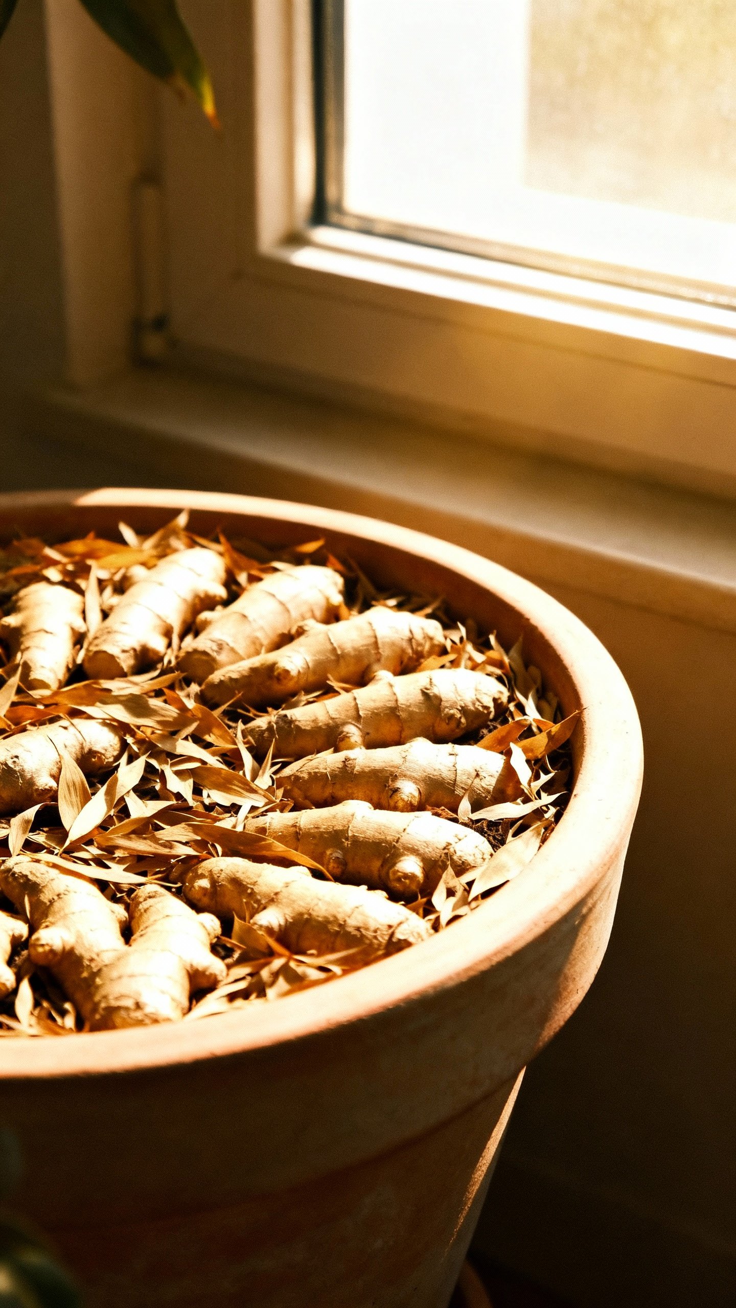 How To Grow Ginger At Home — Turn A Store-bought Root Into A Never-ending Supply Wide shallow pot filled with ginger pieces planted horizontally, mulch layer of shredded leaves, bri