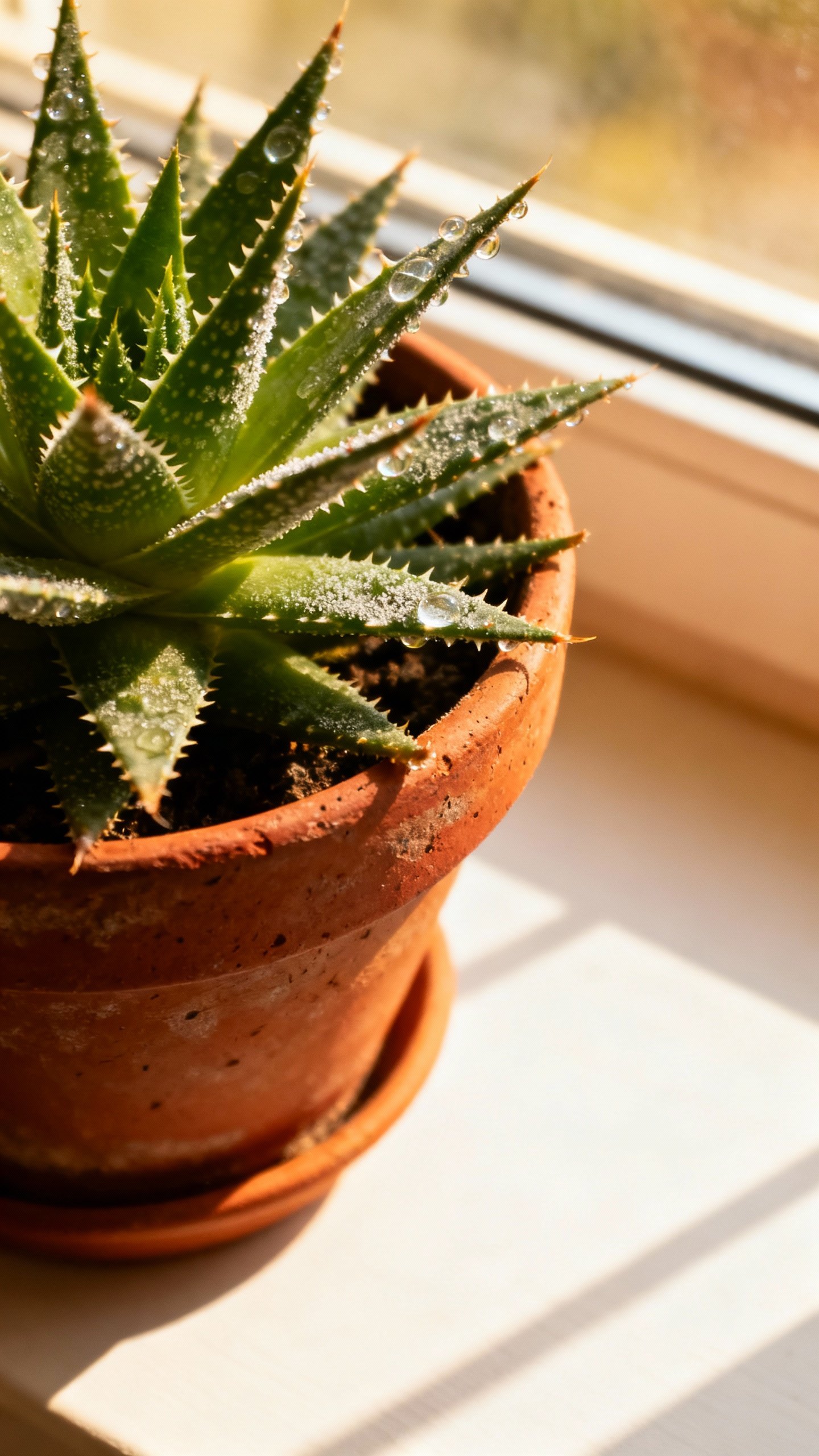 Closeup aloe rosette in terracotta pot, bright south windowsill