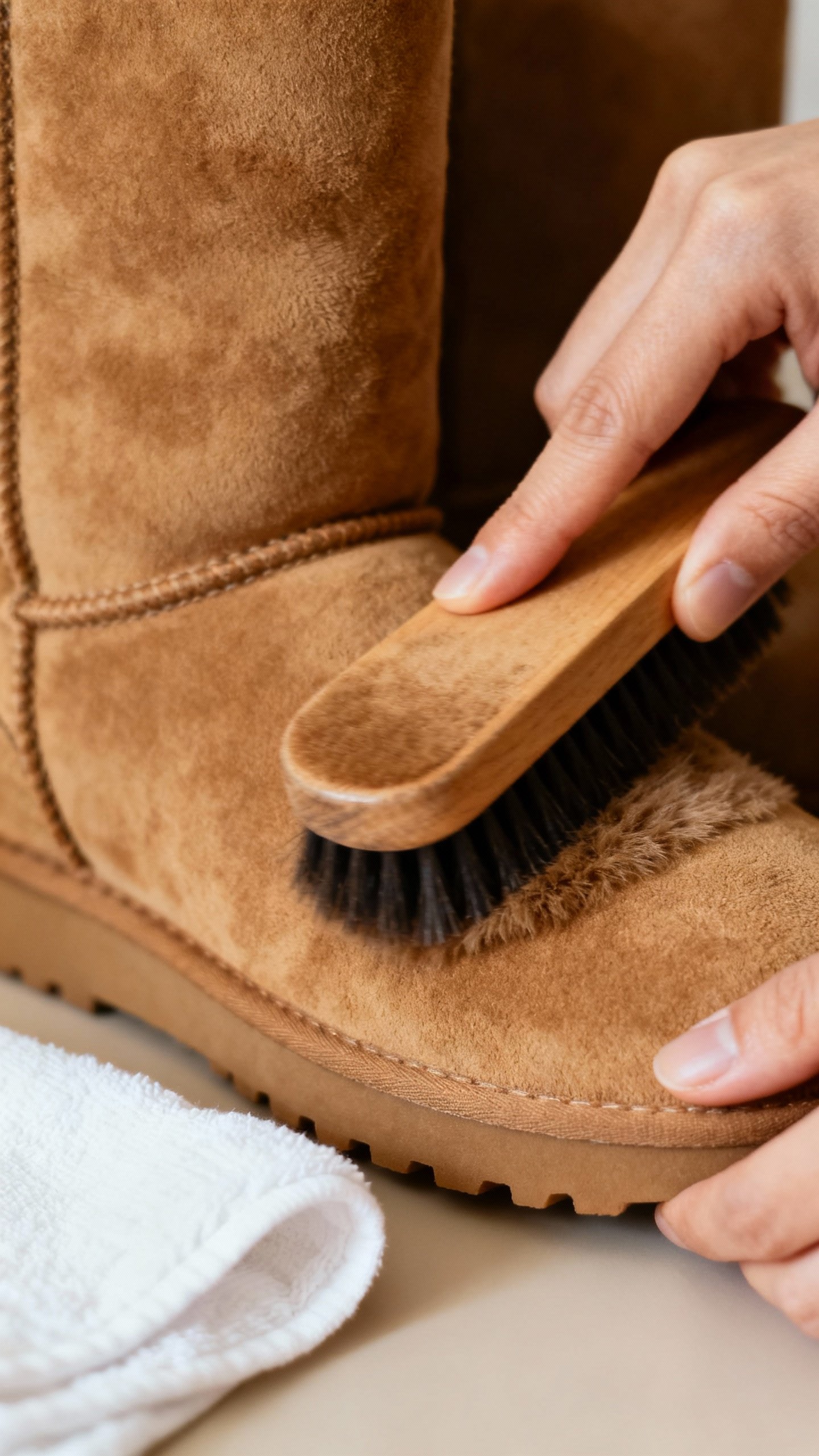 How To Clean Ugg Boots Without Ruining Them — Step-by-step Care Guide Closeup hands brushing tan suede Ugg boot with suede brush, soft nap texture, white cloth nearby