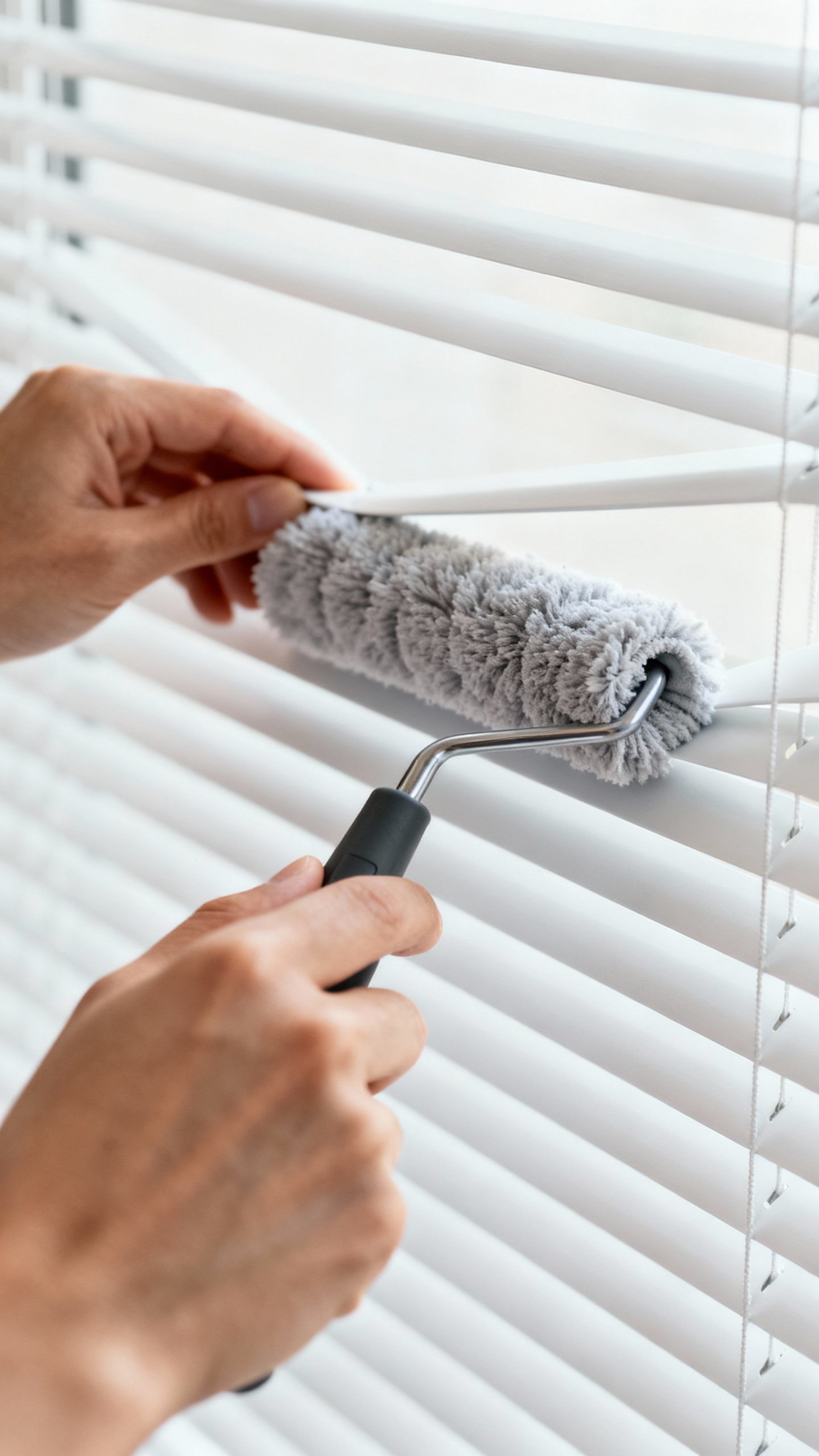 How To Clean Blinds Fast — No Need To Take Them Down! Closeup hands using microfiber-wrapped tongs cleaning white blinds