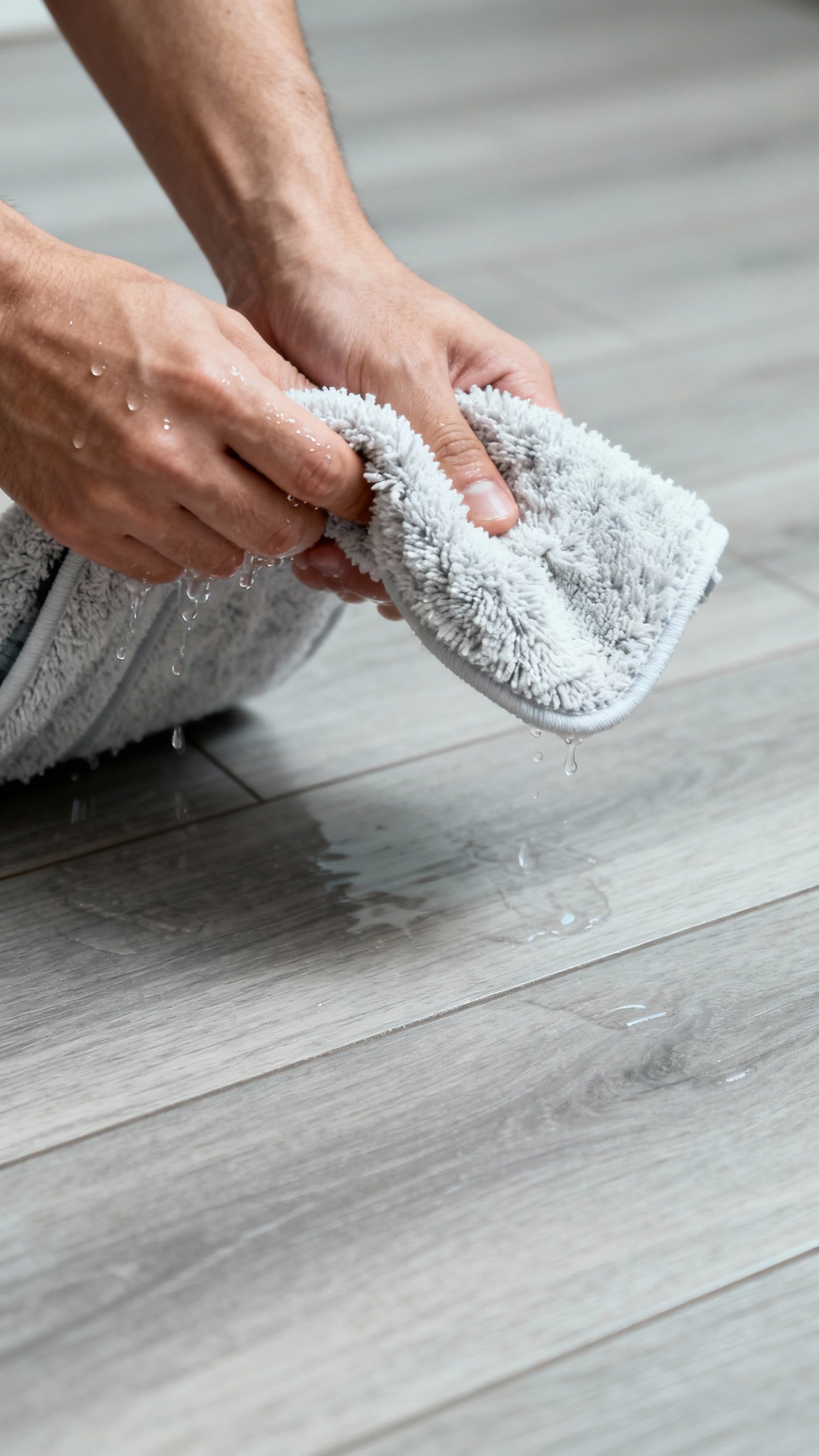 How To Clean Laminate Floors Without Streaks Or Damage Closeup hands wringing microfiber mop pad, barely damp, laminate planks