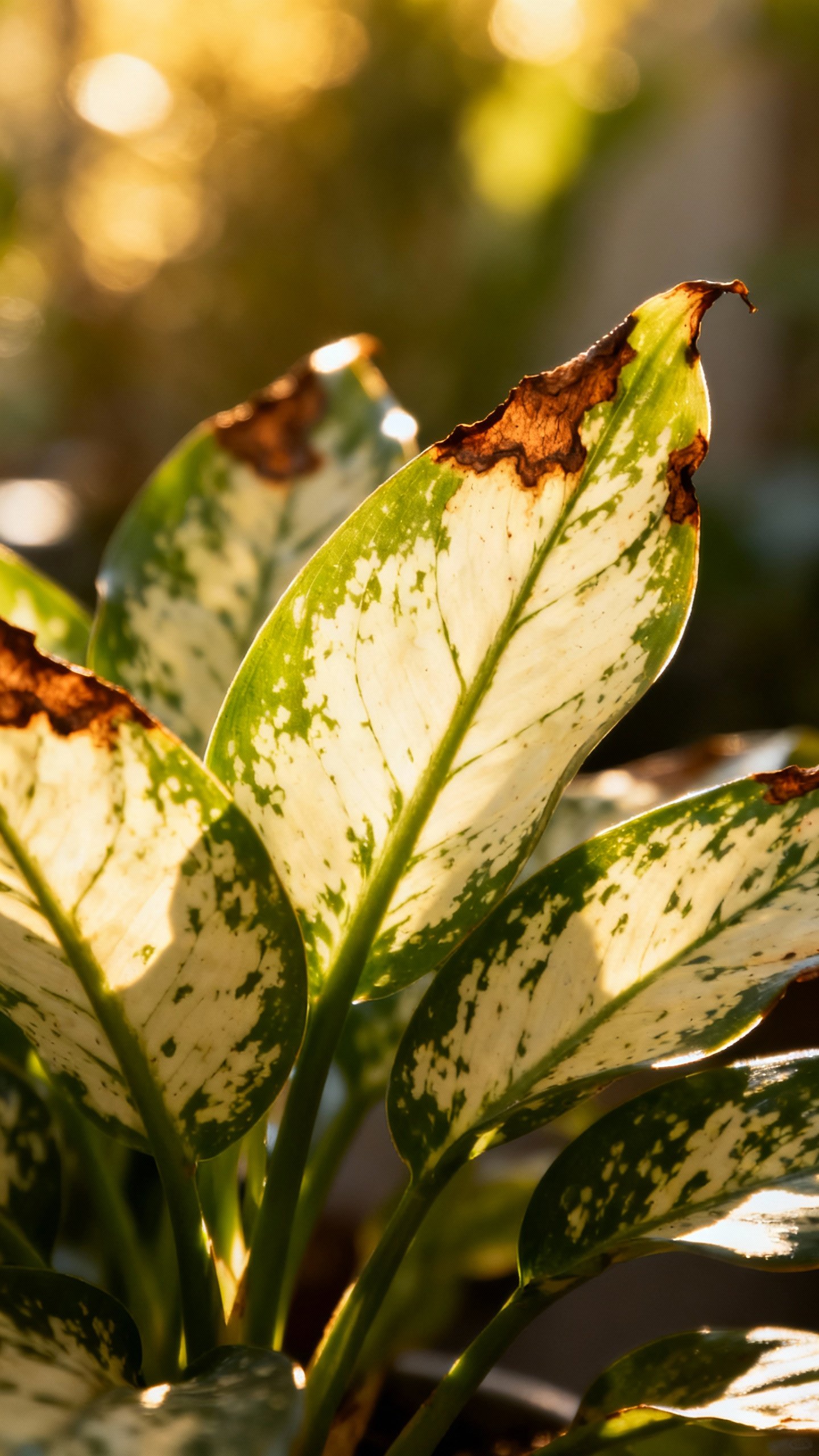 Cast Iron Plant Care: No Fuss, Stunning Results Closeup of cast iron plant leaves with cream variegation, scorched brown tips, bright sun glare