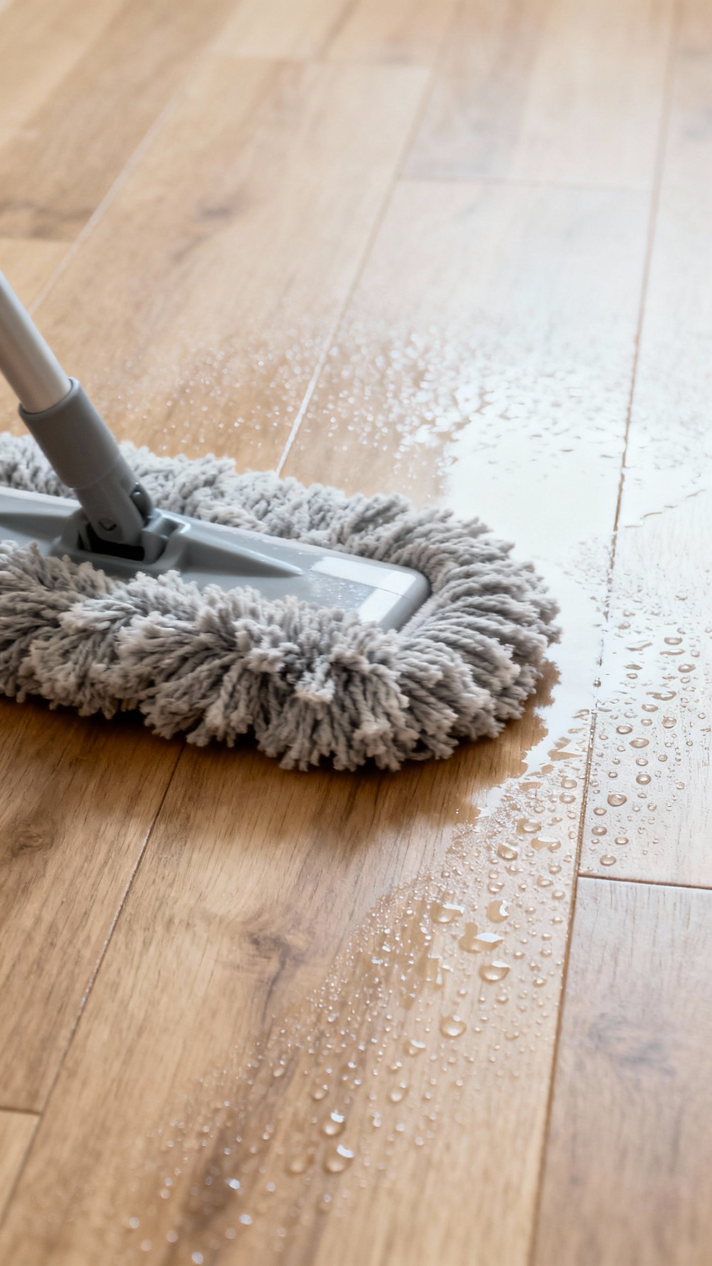 Closeup of microfiber mop lightly misting sealed oak floor