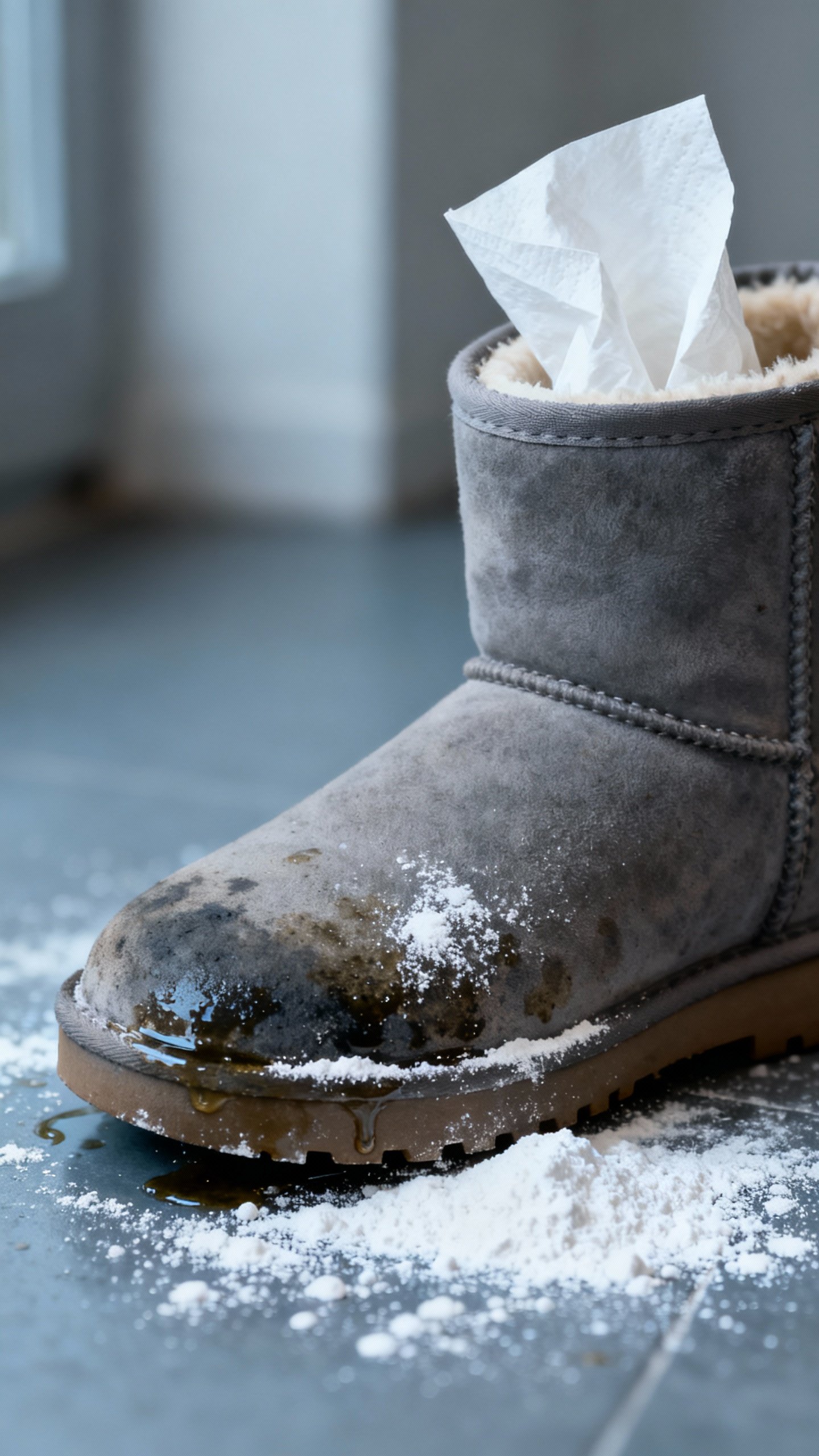 How To Clean Ugg Boots Without Ruining Them — Step-by-step Care Guide Closeup of oil-stained Ugg boot sprinkled with cornstarch, paper towels stuffed inside, cool indoor