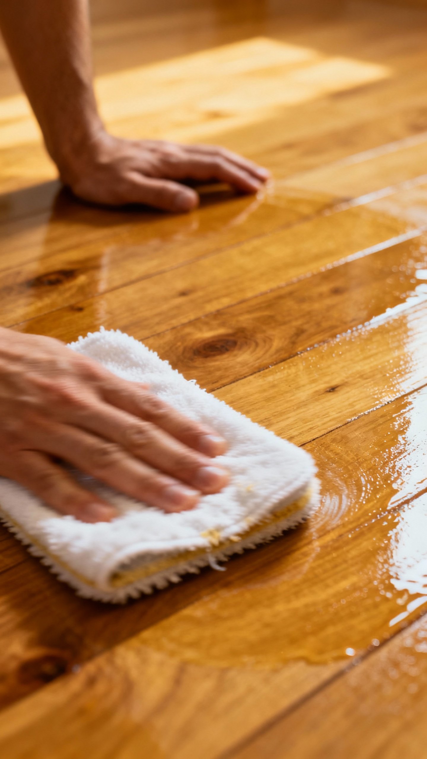 Hands buffing waxed wood floor with white microfiber pad