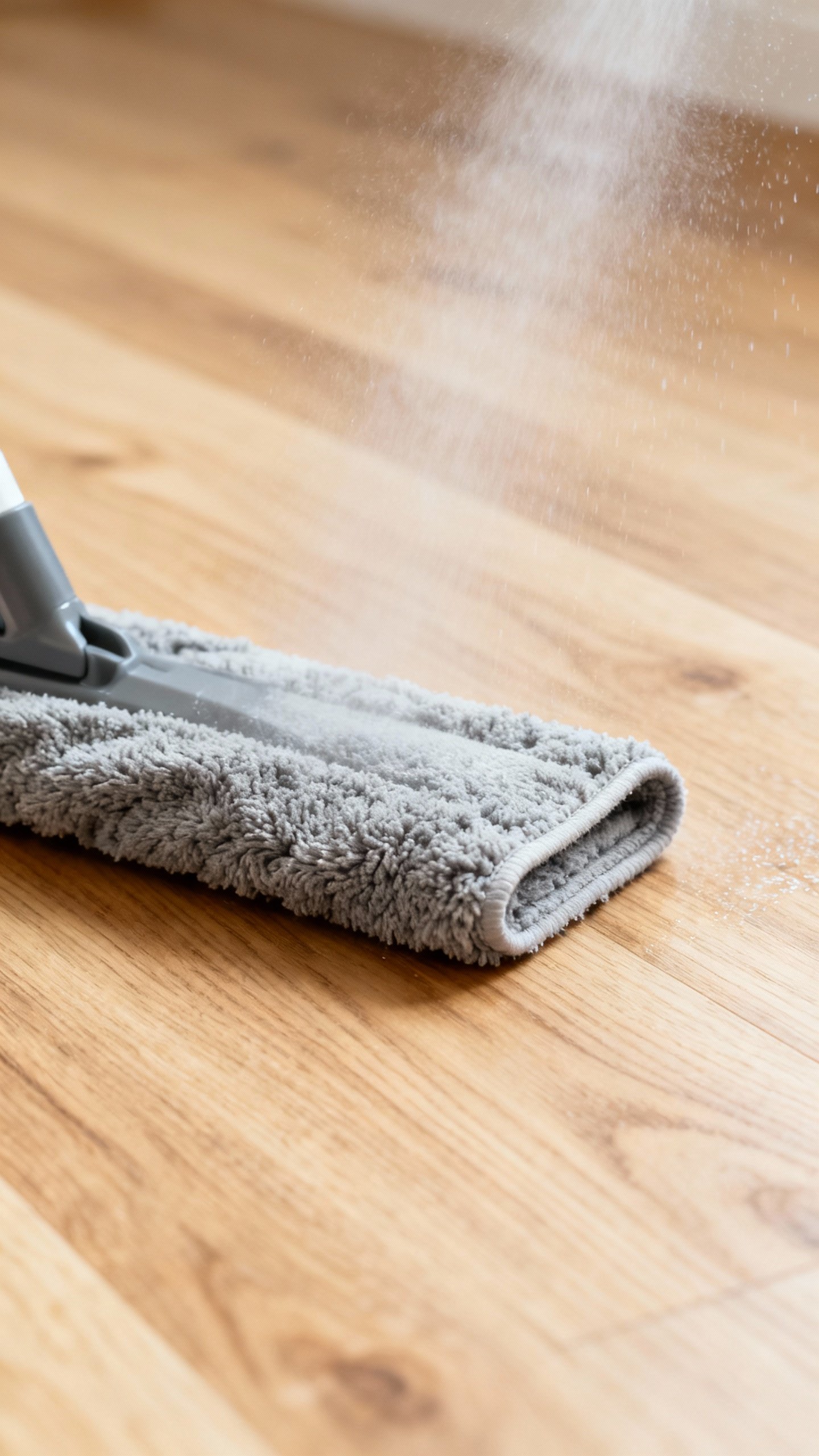 How To Clean Laminate Floors Without Streaks Or Damage Spray bottle misting slightly on gray microfiber mop, light oak laminate close-up