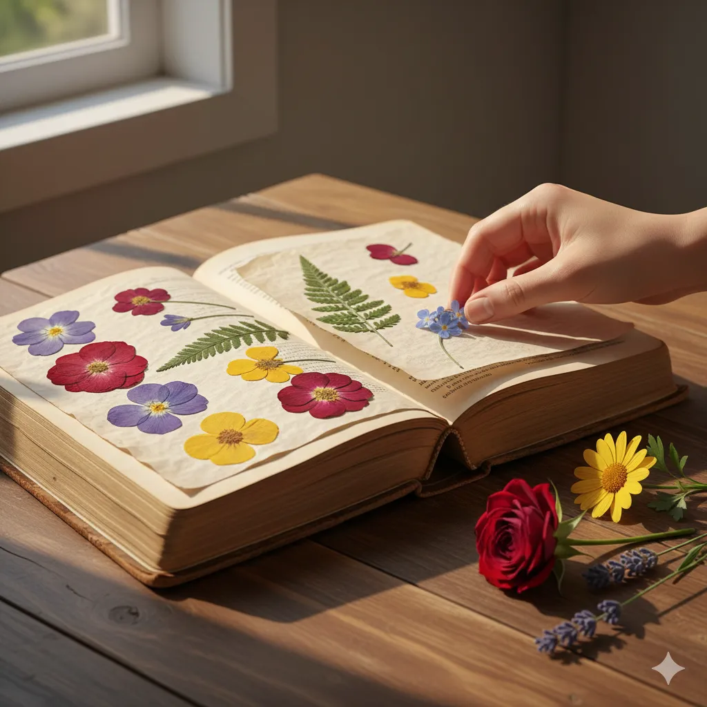 pressing flowers in a book